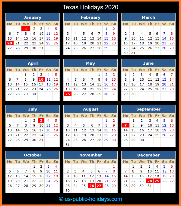 Texas Holiday Calendar 2020